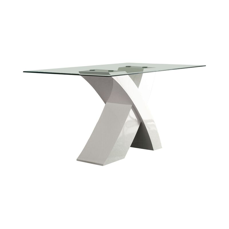Glass Top Dining Table With X Shape Wooden Base, White and Clear-Benzara