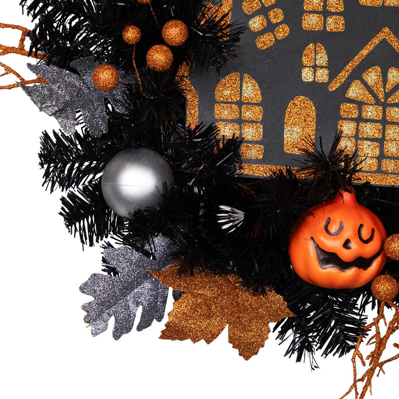 Orange and Black Haunted House Halloween Wreath  24-Inch  Unlit image number 2