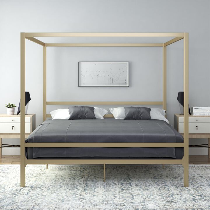 Modern Canopy Metal Bed, King, Gold