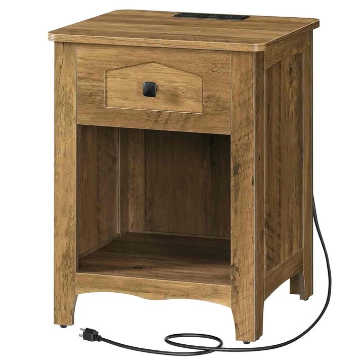 Modern Bedside Nightstand with Built-In Charging Station and Storage -Brown