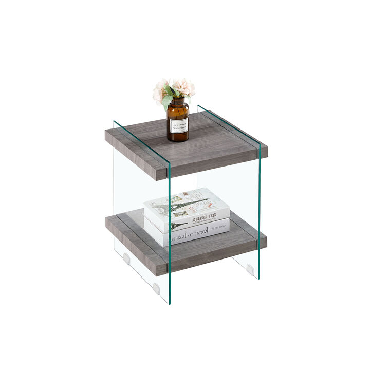 17.72" Sleek and Sturdy Tempered Glass Leg Side Table with Dual MDF Shelves, Modern nightstand end table for living roon, bedroom, transparent/gray