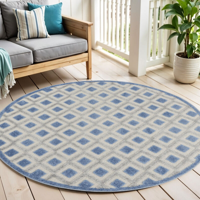 HomeRoots 4' Blue And Gray Round Geometric Indoor Outdoor Area Rug image number 1