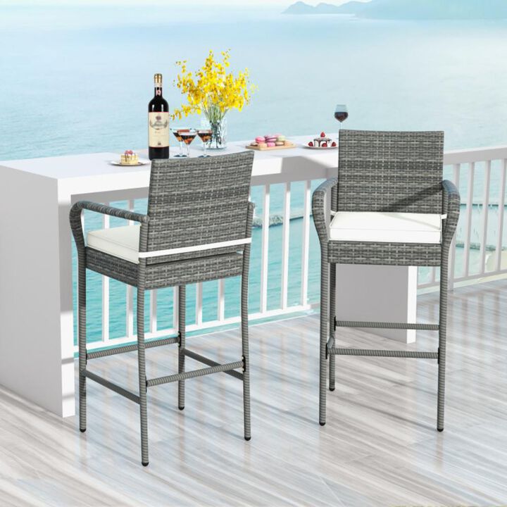 Hivvago Patio Wicker Barstools with Armrests and Soft Cushions for Porch Backyard Set of 2