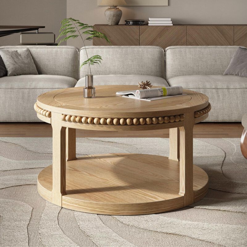 31.5" Rustic Solid Wood Round Coffee Table with 2-Tier Storage Shelf, Modern Farmhouse Accent Table for Living Room image number 1