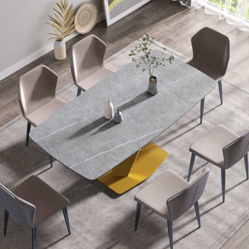 70.87" Modern artificial stone gray curved golden metal leg dining table-can accommodate 6-8 people