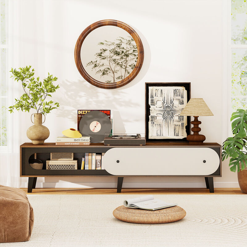 Mid-Century Modern Entertainment Center TV Stand with Sliding Door Cabinet-Walnut image number 3