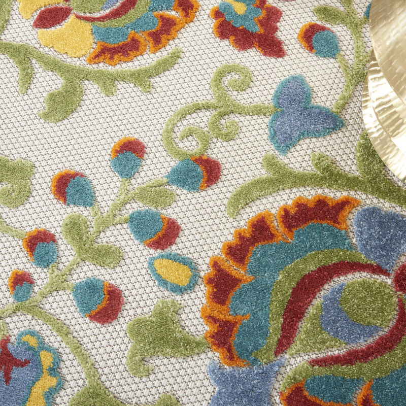 HomeRoots 4' Green Orange Red And Blue Round Floral Indoor Outdoor Area Rug image number 5