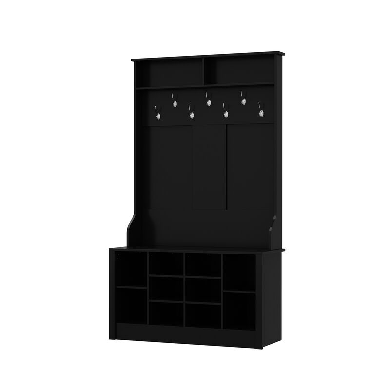 68.5 in. Black Wood 3-in-1 Hall Tree Coat Rack Storage Bench with 7-Metal Double Hooks and Shelves