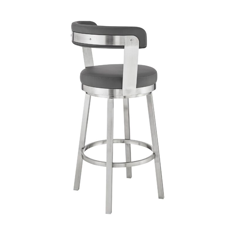 Swivel Barstool with Curved Open Back and Metal Legs, Gray and Silver-Benzara