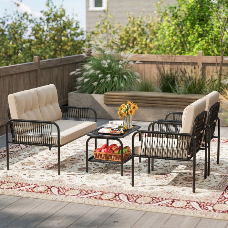 Patio Conversation Set &ndash; 4-Piece PE Wicker Sofa Set with Cushions and Table