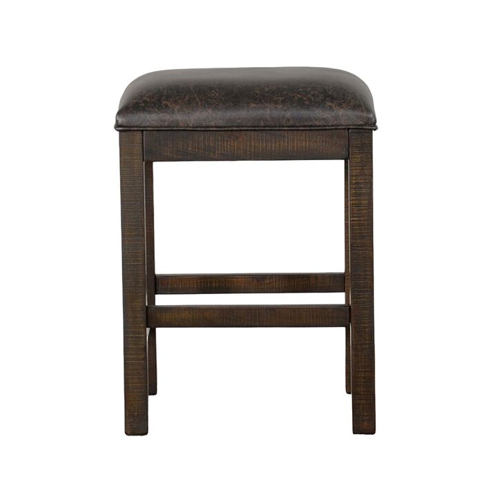 Flint Counter Stool, Faux Leather Seat, 24 Inch High, Dark Brown Wood - Benzara