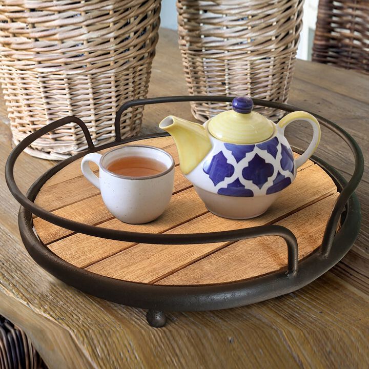 Round Tubular Metal Frame Tray with Plank Style Wooden Base, Brown and Black-Benzara