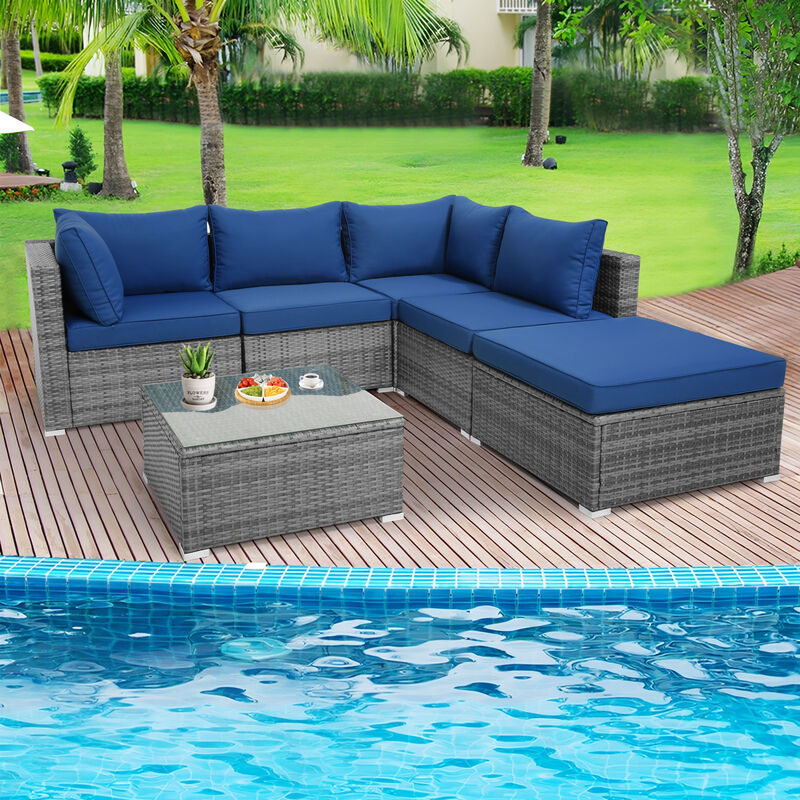 6 Pieces Outdoor Rattan Sofa Set with Seat and Back Cushions-Navy