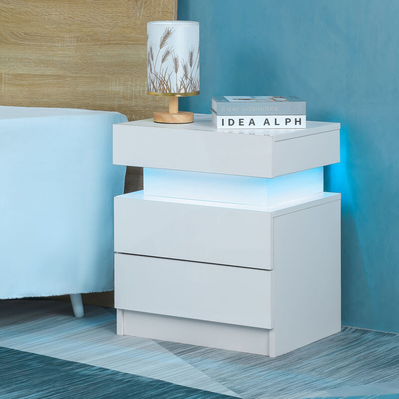 LED Nightstand Modern White Nightstand with Led Lights Wood Led Bedside Table Nightstand with 2 High Gloss Drawers for Bedroom