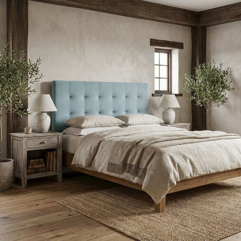Blue Queen Biscuit Tufted Velvet Headboard Performance Fabric Upholstered image number 2