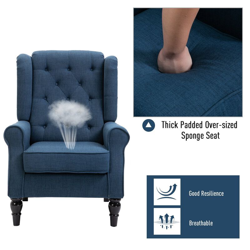 Tufted Armchair Fabric Tufted Accent Chair Living Arm Chair with Thick Padded Over-Sized Sponge Seat and Painted Finished Wooden Legs - Blue