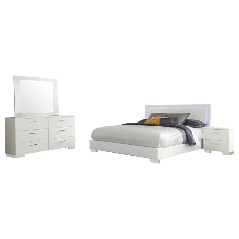 Sok 4pc Queen Bedroom Set, Faux Leather Upholstery, High Gloss White
