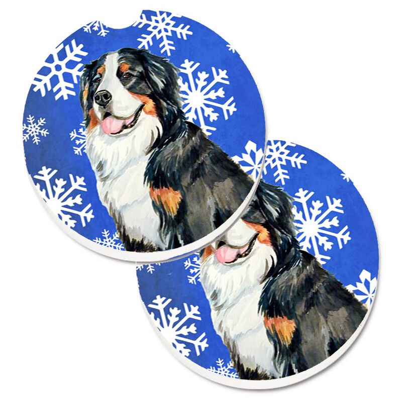 Caroline's Treasures Bernese Mountain Dog Winter Snowflakes Holiday Set of 2 Cup Holder Car Coasters LH9289CARC, 2.56, Multicolor image number 0