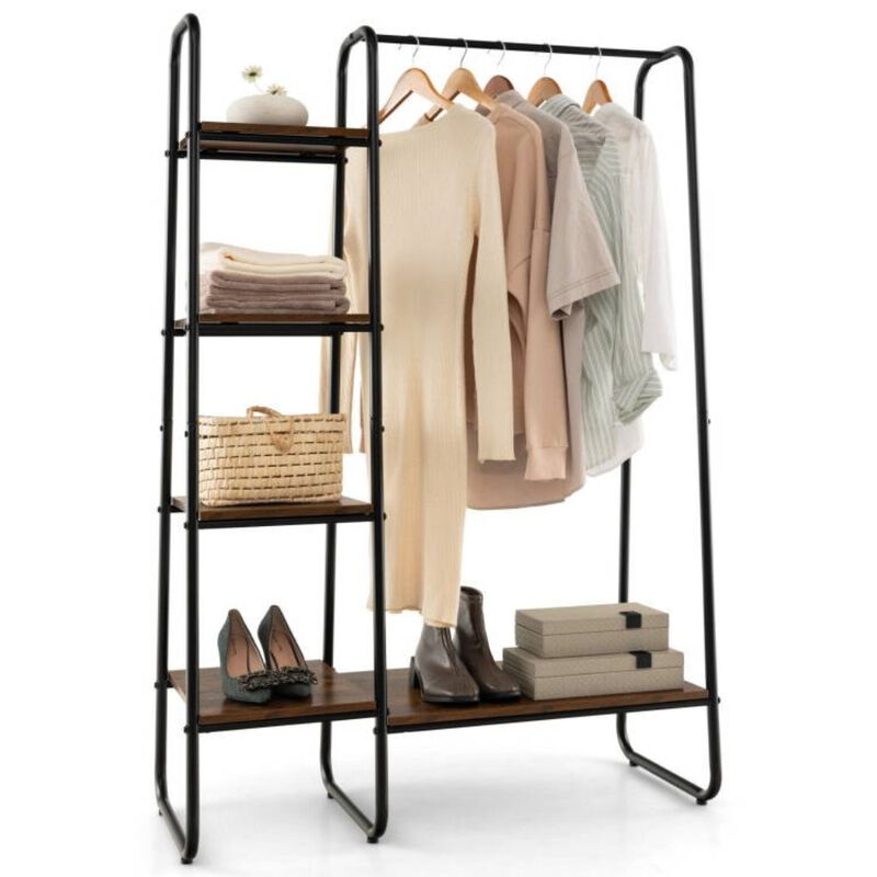 Industrial Freestanding Clothing Rack – Metal Rod with Wooden Storage Shelves