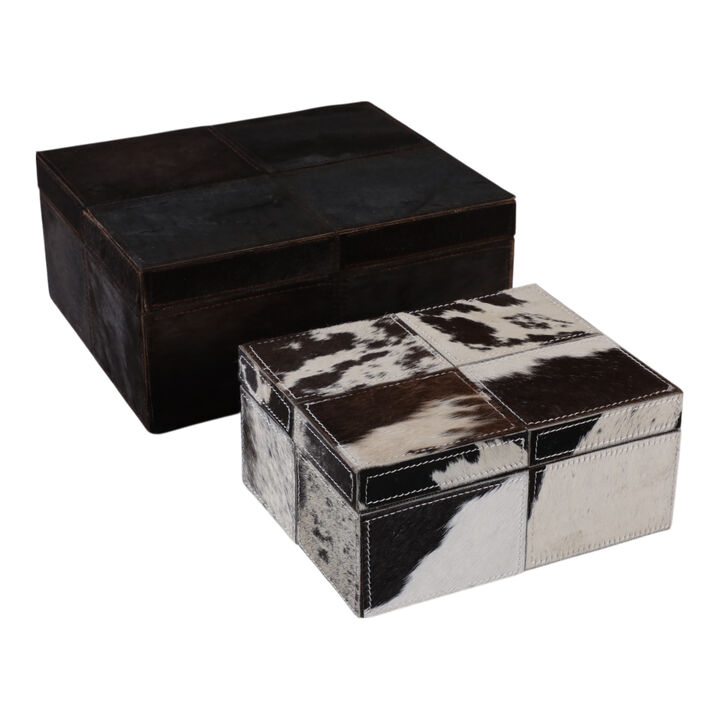 S/2 9/12" Hair On Hide Patchwork Boxes, Ivory/brow