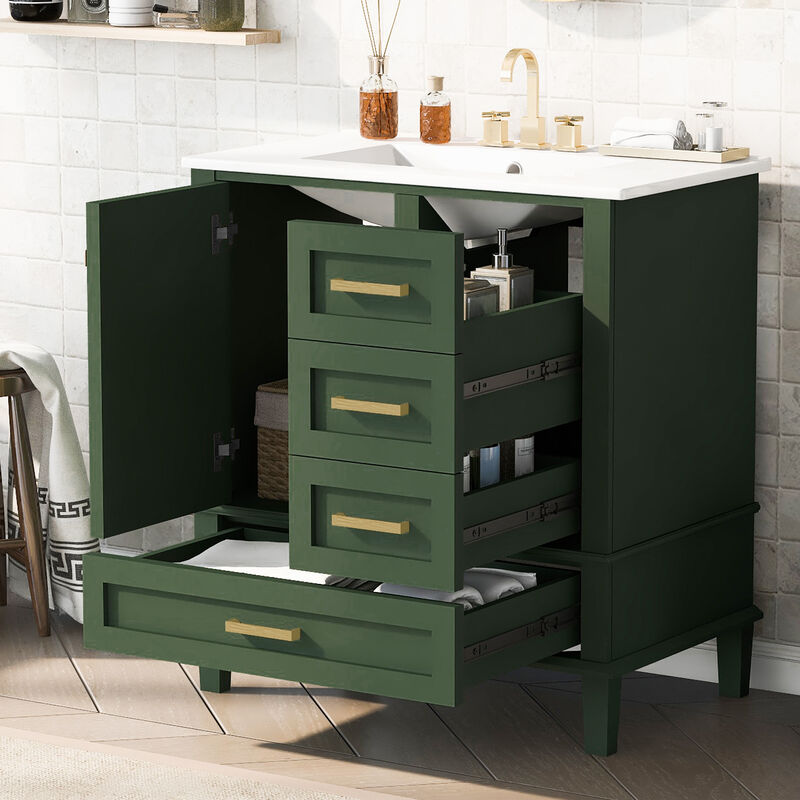 Whisen 30 in. Bathroom Storage Cabinet Bathroom Vanity with Ceramic Sink, Soft Close Door and 3 Drawers