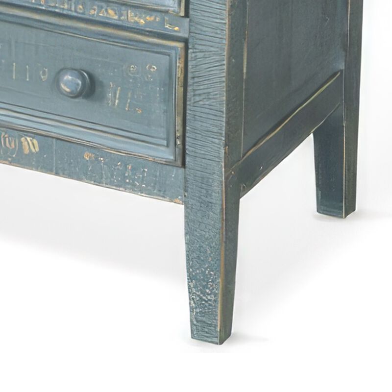 Rena Side End Table with 3 Drawers, 28 Inch Rustic Green Mahogany Wood