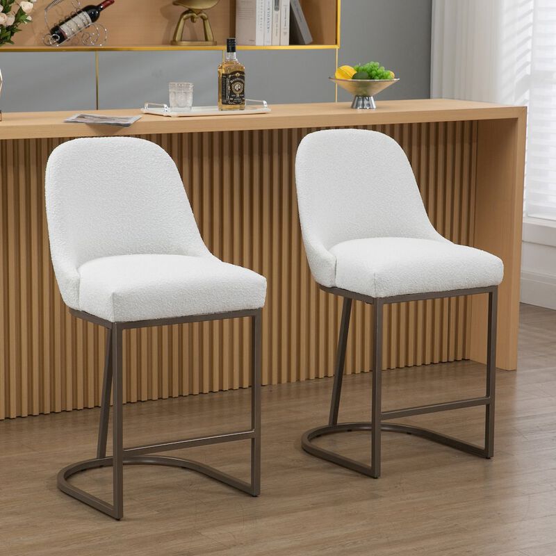 Glamour Home Set of 2 Ayane White Boucle Fabric Counter Stool with Iron Legs
