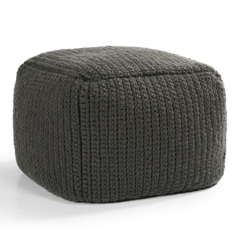 Square Pouf Ottoman, 18 Inch Handwoven Knitted Dark Gray Polyester - Benzara
