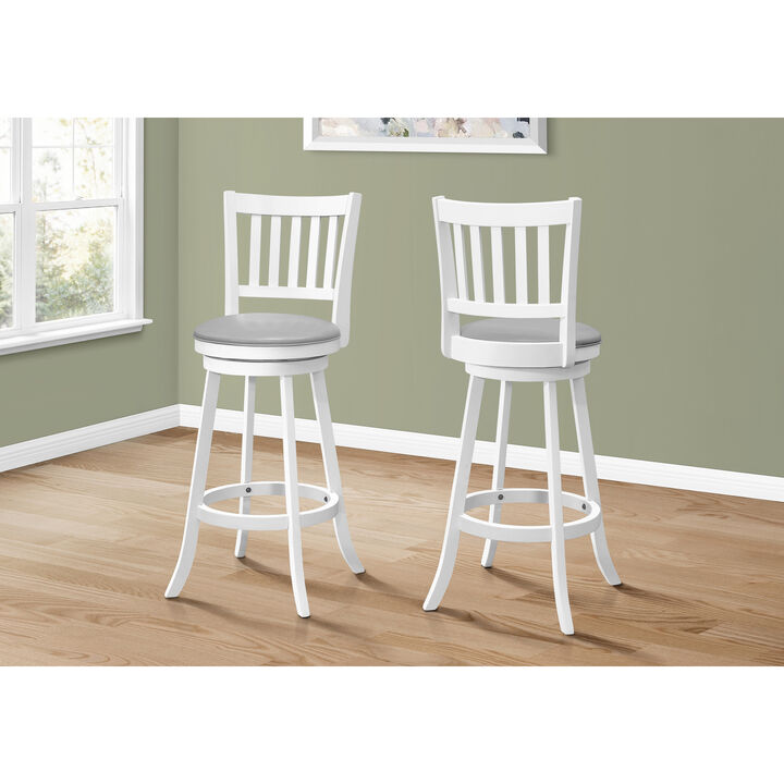 Monarch Specialties I 1238 Bar Stool, Set Of 2, Swivel, Bar Height, Wood, Pu Leather Look, White, Grey, Transitional