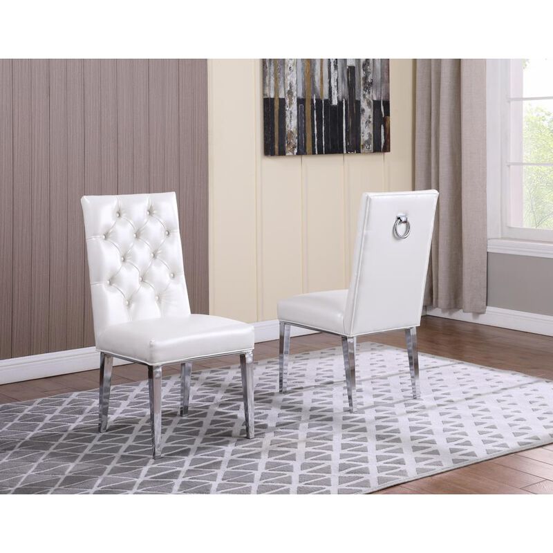 Best Quality Furniture White Faux Leather Tufted Dining Side Chairs, Chrome Legs - Set Of 2