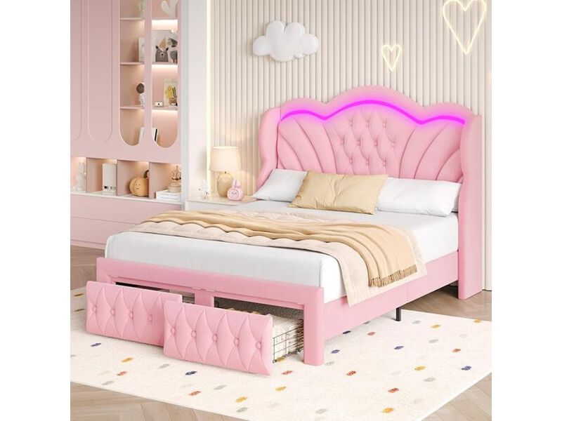 King Platform Bed &ndash; Pink Velvet Frame with LED Lights, Storage Drawers & Wingback Headboard image number 2
