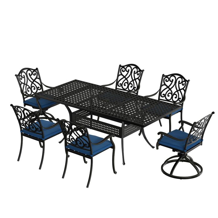 Mondawe 7-Piece Cast Aluminum Outdoor Dining Set with 1 Rectangle Extendable Table 4 Dining Chairs 2 Swivel Rockers with Cushion