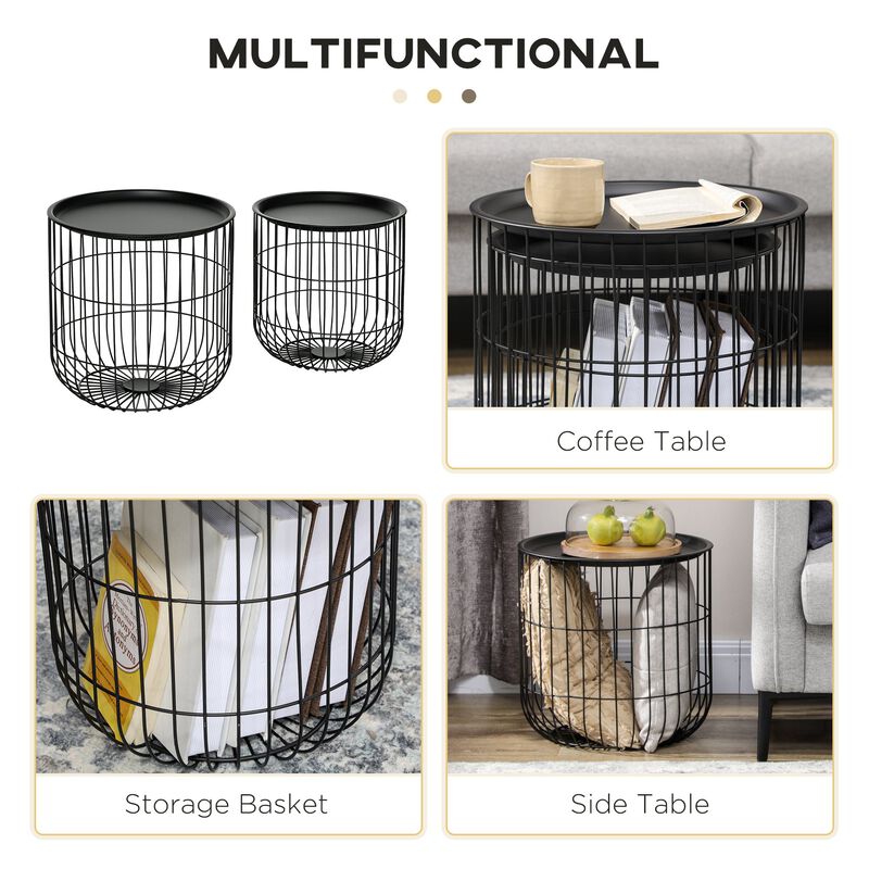 Coffee Table Set, Nest of Coffee Tables with Steel Wired Basket Body and Removable Top for Living Room, Black