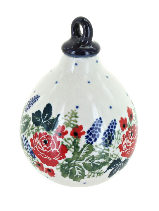 Blue Rose Polish Pottery Winter Floral Teardrop Ornament