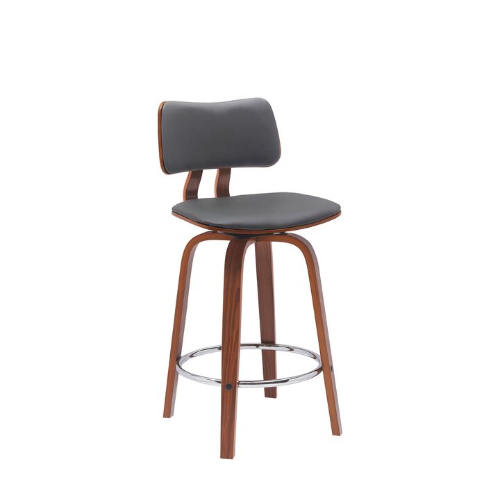 Pino 26 Inch Swivel Counter Stool Chair, Gray Faux Leather, Walnut Brown - Benzara