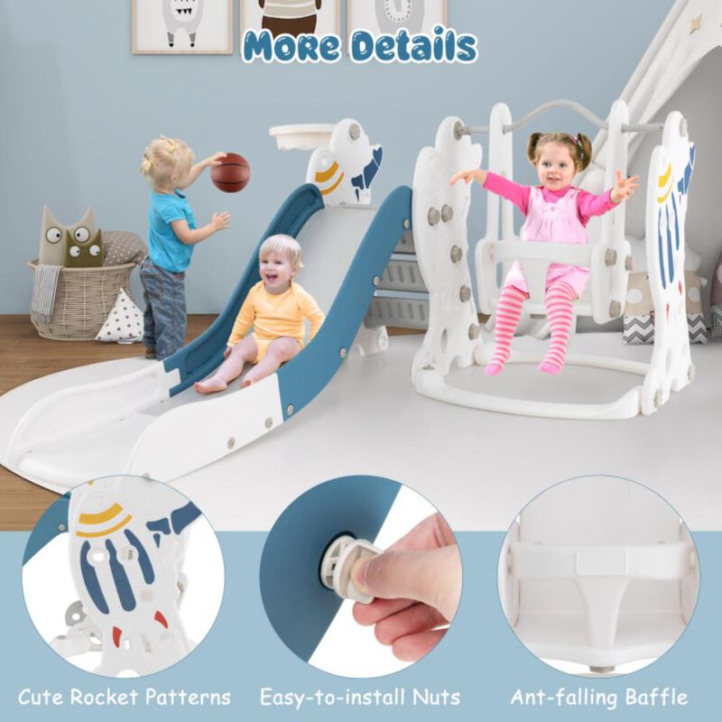 Hivvago 4-in-1 Kids Slide and Swing Set with Basketball Hoop