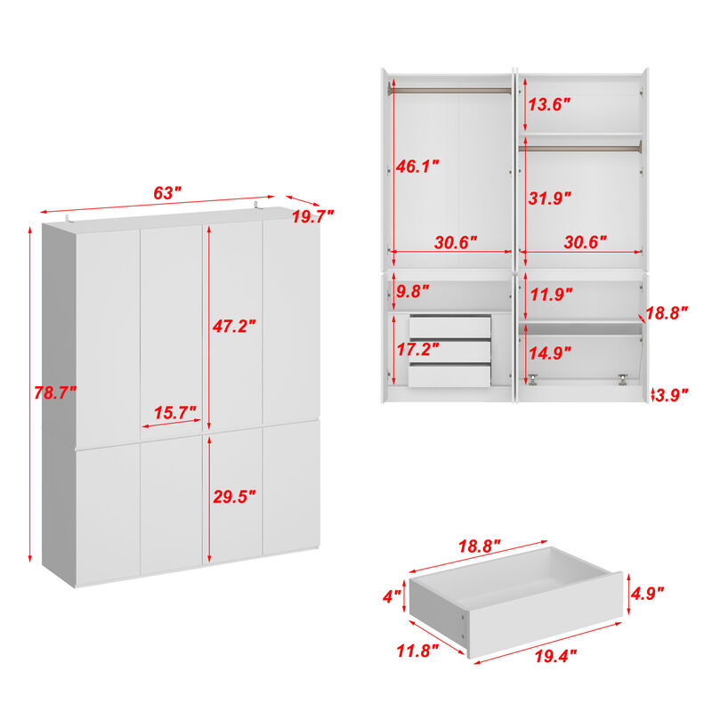 FUFU&GAGA Modern Smooth Touch White Wardrobe with 8 Doors and Hidden Storage Space, Openable Panels and Flip-Up Bottom, (63 in. W x 19.7 in. D x 78.7 in. H), Pure White
