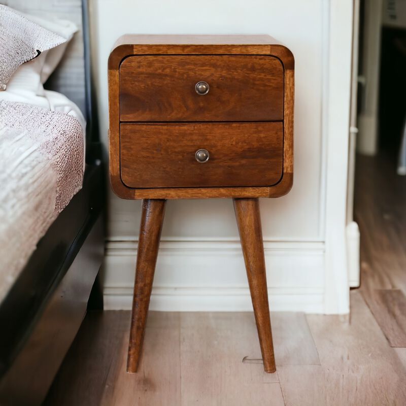 Mini Chestnut Curved Solid Wood 2 Drawer NightStand