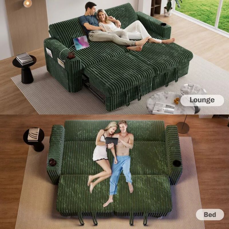 91" Convertible Sleeper Sofa Bed, Loveseat with 5-Level Reclining Backrest, Pull-Out Bed, USB Ports image number 4