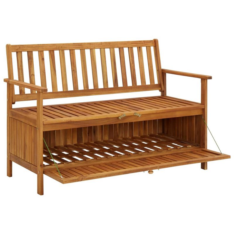 Outdoor Storage Bench, Slatted, 47 Inch Natural Brown Acacia Wood - Benzara
