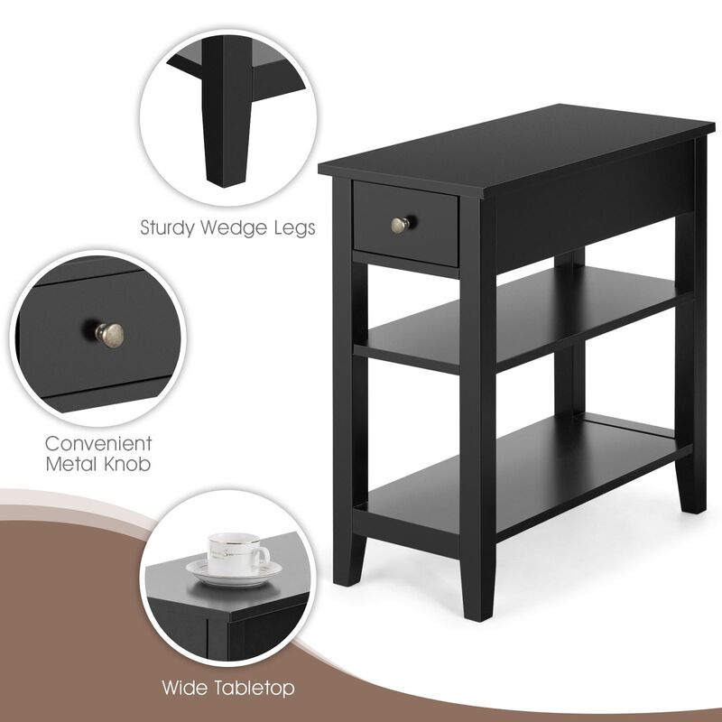 3-Tier Nightstand Bedside Table Sofa Side with Double Shelves Drawer