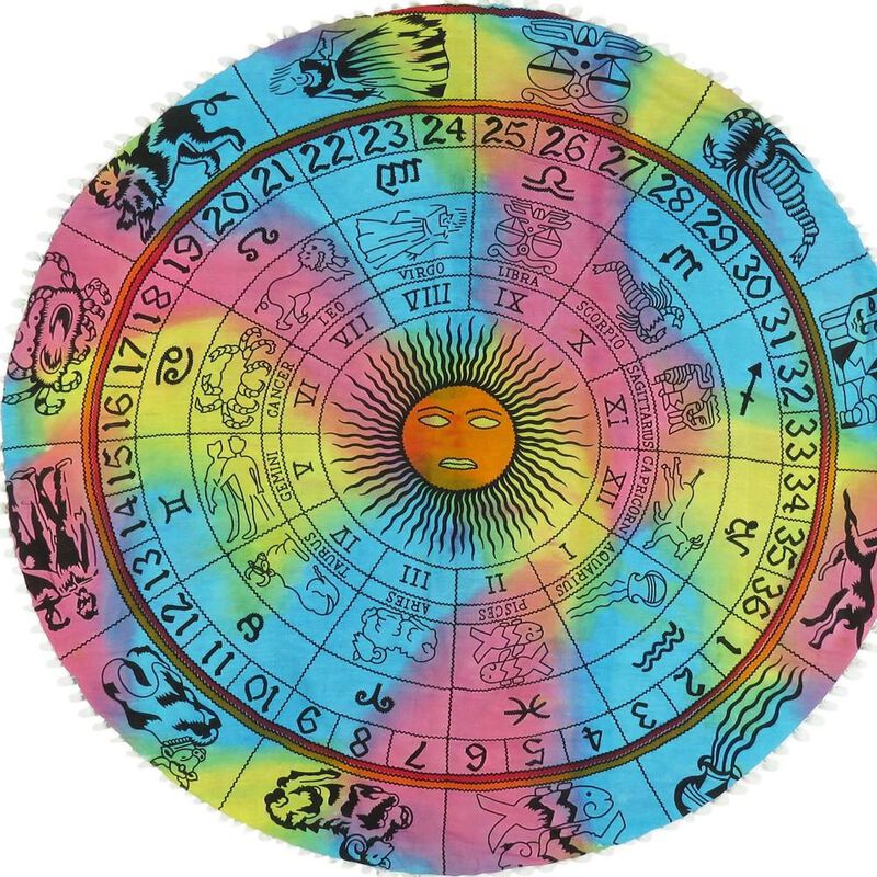 HomeRoots 32" Blue And Pink Floor Round Horoscope Throw Pillow Cover with Pompoms image number 4