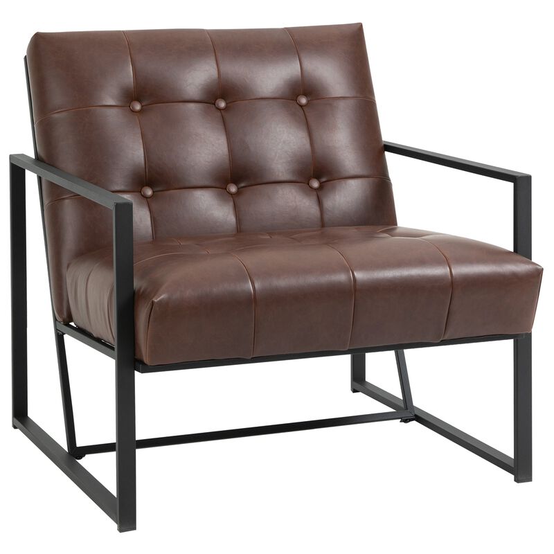 Brown Mid-Century Seat: Faux Leather Accent Chair with Metal Frame
