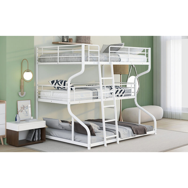 Full XL over Twin XL over Queen Size Triple Bunk Bed with Long and Short Ladder,White