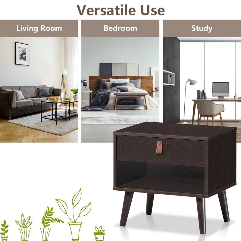 Nightstand Bedroom Table with Drawer Storage Shelf - Brown