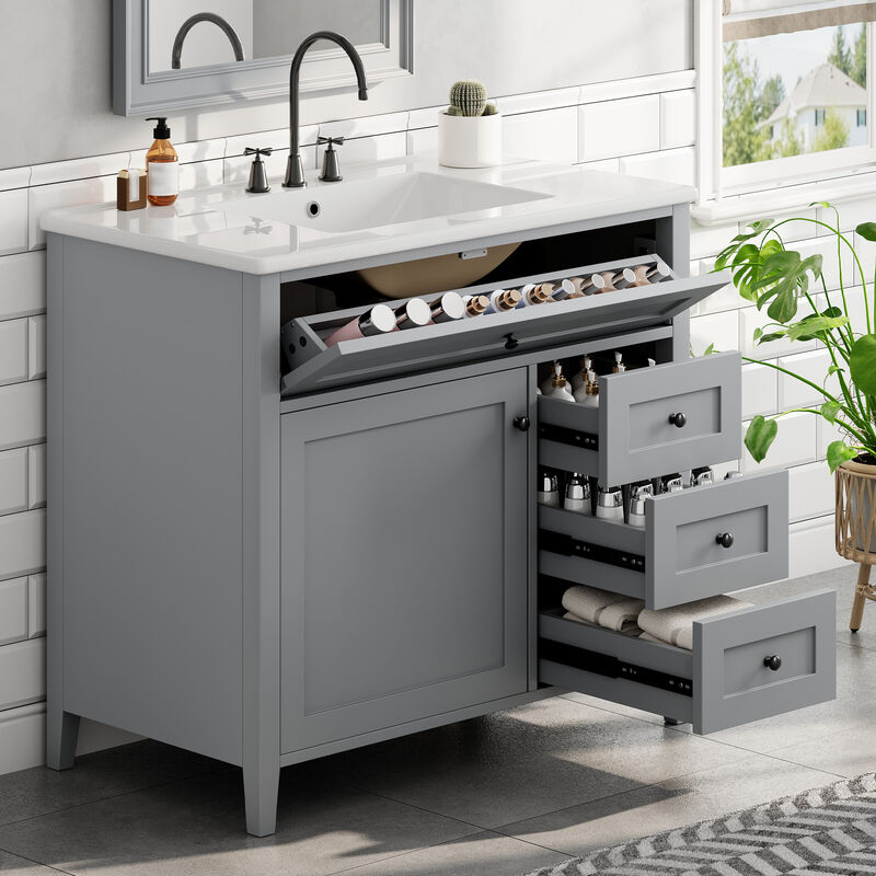 Merax Bathroom Storage Vanity with Left Adjustable Shelving Cabinet & 3 Right Smooth-Glide Drawers image number 2