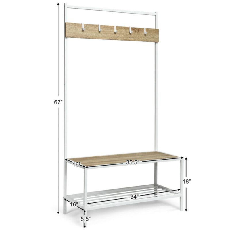 Hivvago 3-in-1 Industrial Coat Rack with 2-tier Storage Bench and 5 Hooks