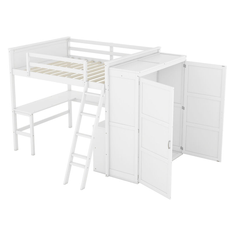 Full size Loft Bed with Desk, Shelves and Wardrobe White
