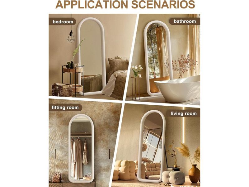 Arched Full Length Floor Mirror Cream White Velvet Frame for Bedroom Decor image number 1