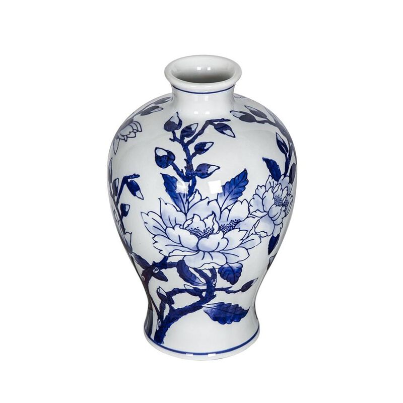 HomeRoots 10" Blue And White Floral Round Porcelain Table Vase image number 0
